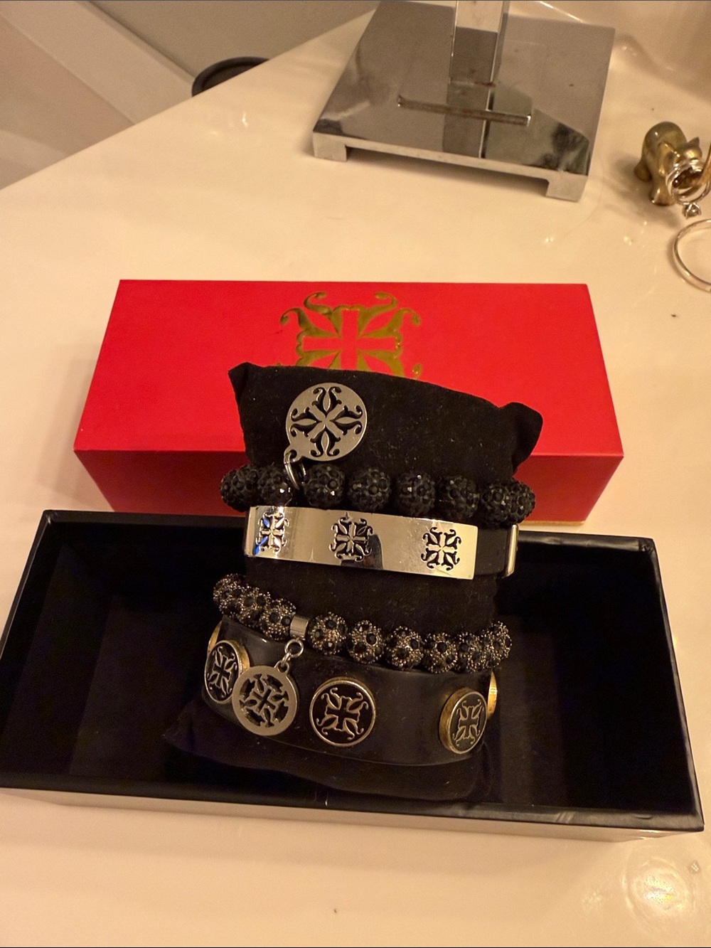 Rustic Cuff Black and Silver Men's Bracelet Set